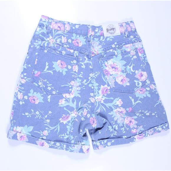 Vintage denim shorts floral blue high waisted 80s 90s grunge button up sz M - Picture 3 of 5
